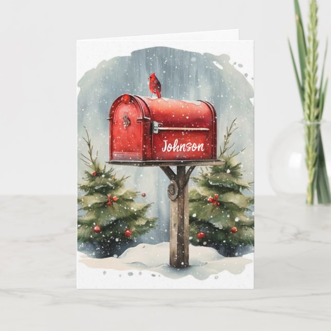 Watercolor Christmas Red Mailbox in Snowflakes Card (Front)
