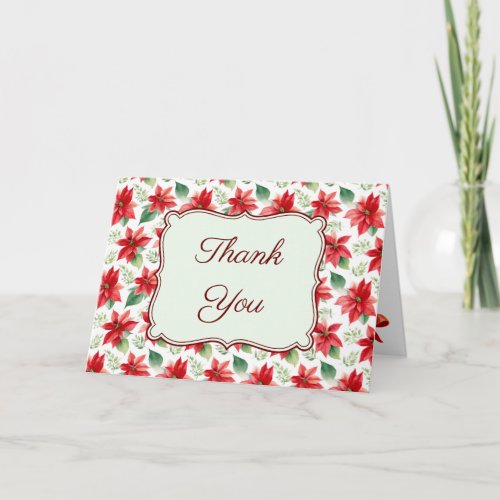 Watercolor Christmas Red Poinsettias Thank You Holiday Card