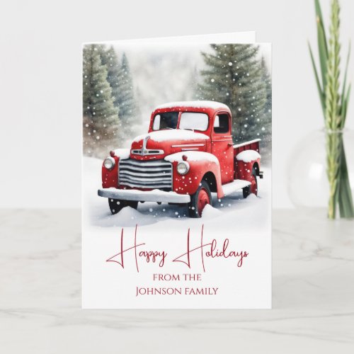Watercolor Christmas Red Retro Truck Holiday Card