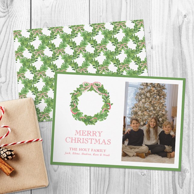 Watercolor Christmas Red Striped Bow Wreath Photo Holiday Card (Creator Uploaded)