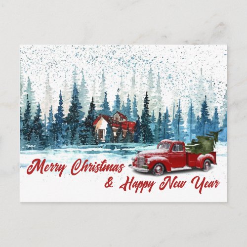 Watercolor Christmas Red Truck and Tree Holiday Postcard