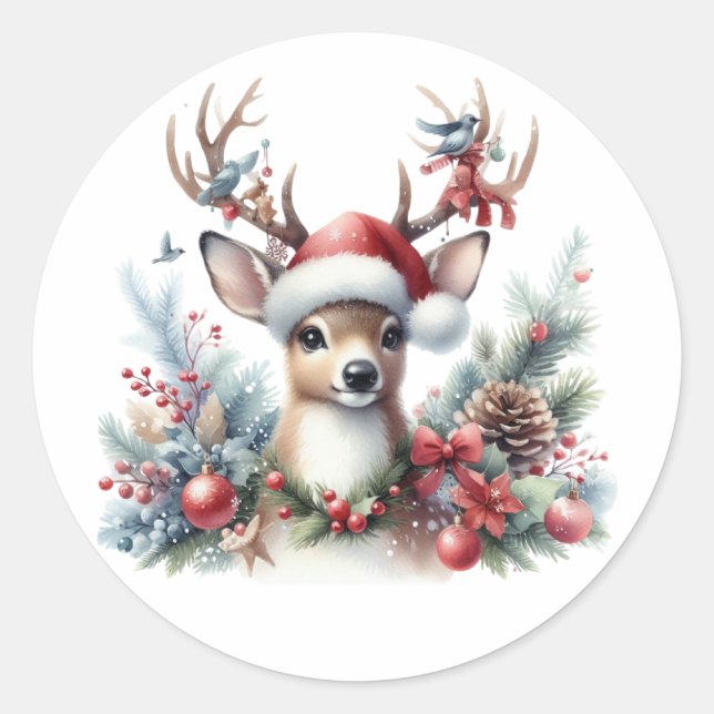 Watercolor Christmas Reindeer Classic Round Sticker (Front)