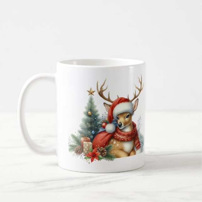 Watercolor Christmas Reindeer Coffee Mug (Left)