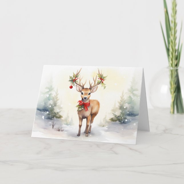 Watercolor Christmas Reindeer Holiday Card (Front)