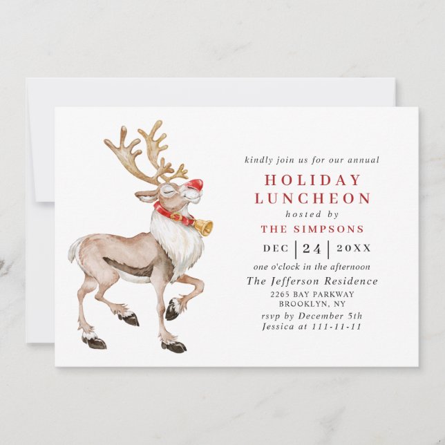 Watercolor Christmas Reindeer HOLIDAY LUNCHEON Invitation (Front)