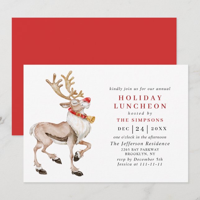 Watercolor Christmas Reindeer HOLIDAY LUNCHEON Invitation (Front/Back)