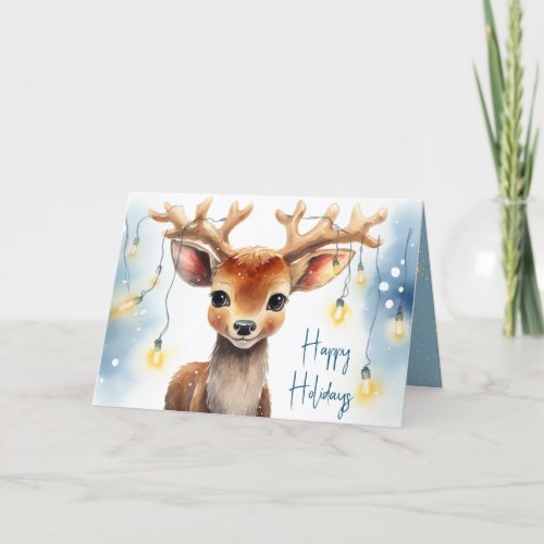 Watercolor Christmas Reindeer In Tangled Lights Holiday Card