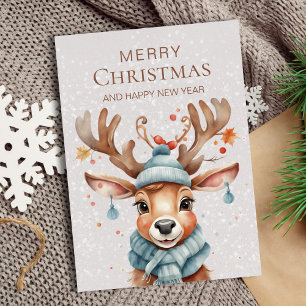 Watercolor Christmas Reindeer Pink Holiday Card