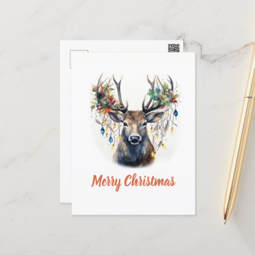 Watercolor Christmas Reindeer Postcard