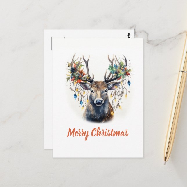 Watercolor Christmas Reindeer Postcard (Front/Back In Situ)