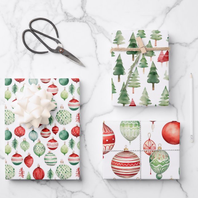 Watercolor Christmas Retro Ornaments Wrapping Paper Sheets (Front)