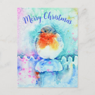 Watercolor Christmas Robin Colorful Personalized Holiday Postcard