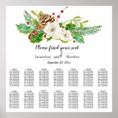 Watercolor Christmas Rose Holly Pine Seating Chart