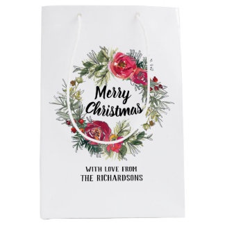 Watercolor Christmas roses wreath gift bag white