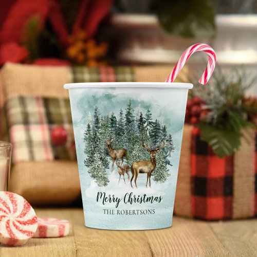 Watercolor Christmas Rustic Forest Woodland Deer Paper Cups