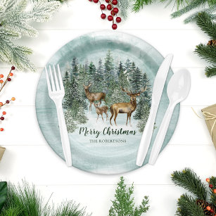 Watercolor Christmas Rustic Forest Woodland Deer Paper Plates