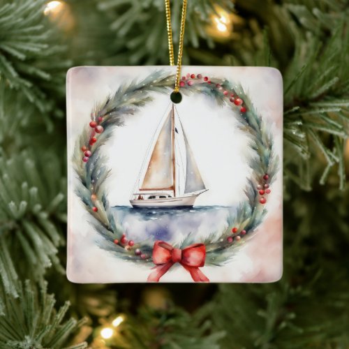 Watercolor Christmas Sailboat In Wreath Ceramic Ornament