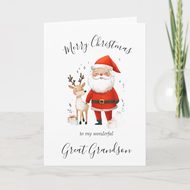 Watercolor Christmas Santa Great Grandson Holiday Card (Front)