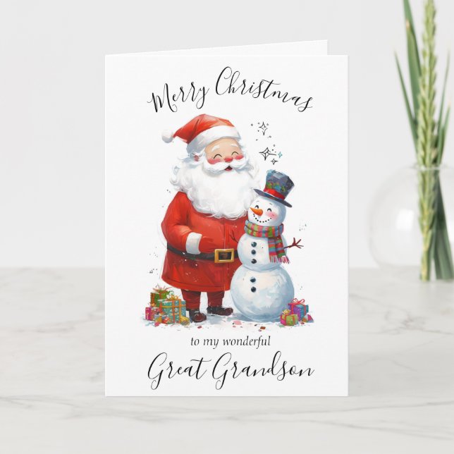 Watercolor Christmas Santa Great Grandson Holiday Card (Front)