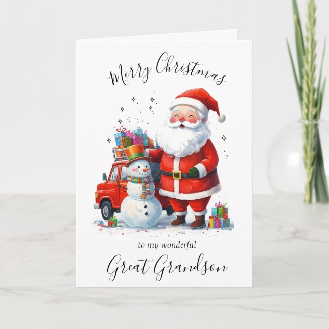 Watercolor Christmas Santa Great Grandson Holiday Card (Front)