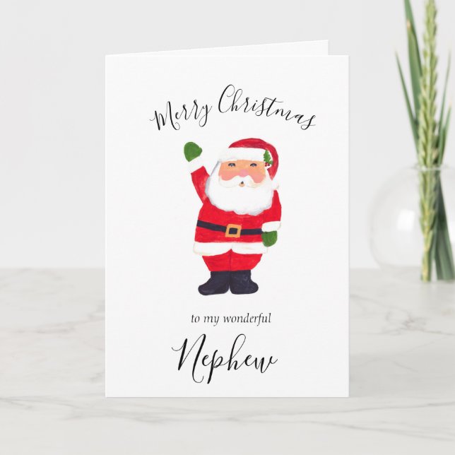 Watercolor Christmas Santa Merry Nephew Holiday Card (Front)