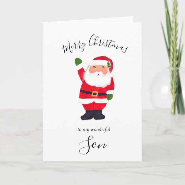 Watercolor Christmas Santa Merry Son Holiday Card (Front)