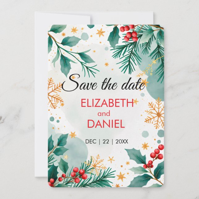 Watercolor Christmas “Save the Date” Card – Holly  (Front)