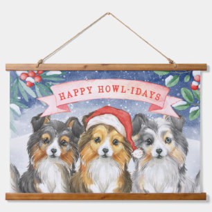 Watercolor Christmas Sheltie Happy Howlidays Hanging Tapestry