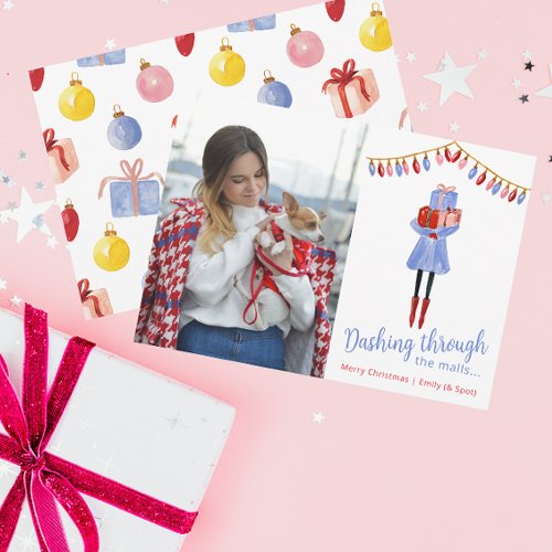 Watercolor Christmas Shopping Fashion Girl Holiday Card