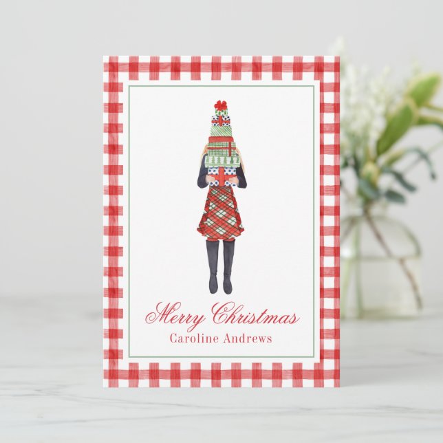 Watercolor Christmas Shopping Fashion Girl Holiday Card (Standing Front)