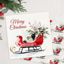 Watercolor Christmas Sleigh Red Greenery Holiday