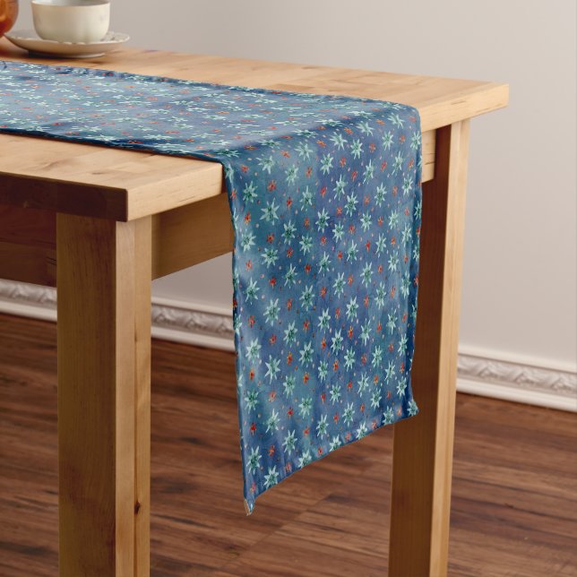 Watercolor Christmas Snowflakes Pattern Short Table Runner (In Situ)