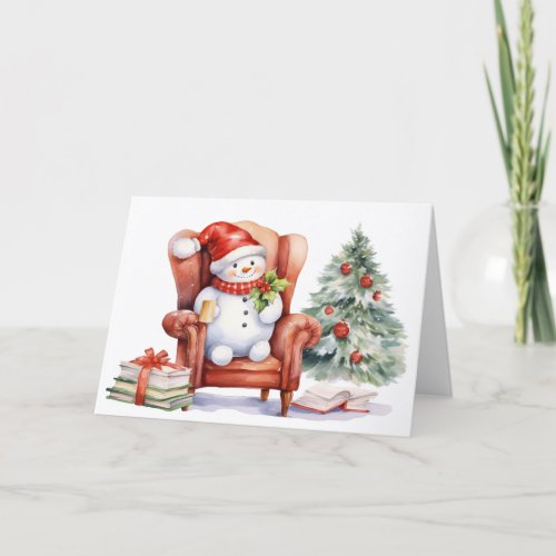 Watercolor Christmas Snowman In Red Chair Holiday Card