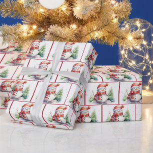 Watercolor Christmas Snowman In Snowflakes Wrapping Paper
