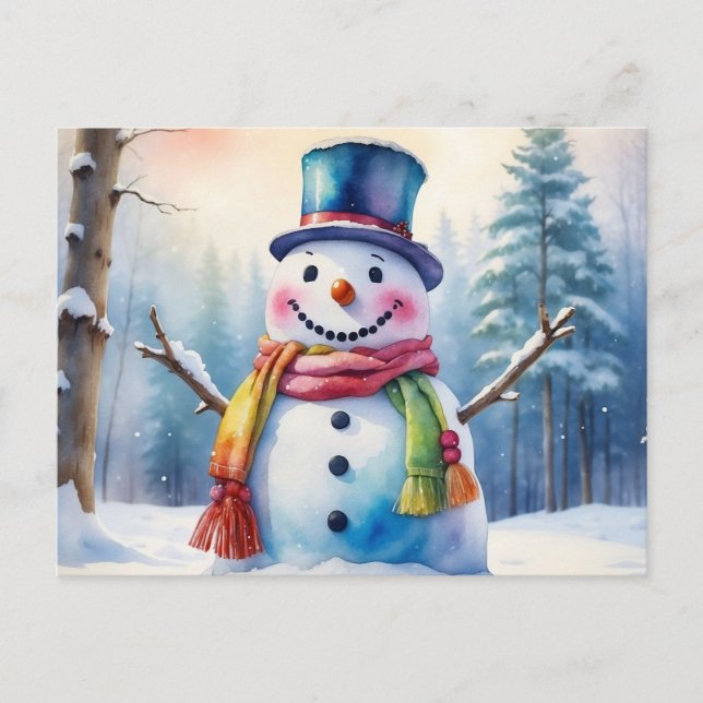 Watercolor Christmas Snowman in Winter Forest Holiday Postcard (Front)