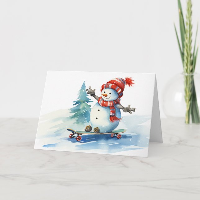 Watercolor Christmas Snowman On A Skateboard Holiday Card (Front)