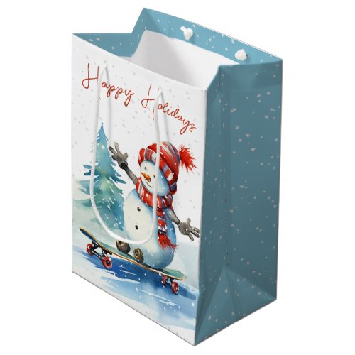 Watercolor Christmas Snowman On A Skateboard Medium Gift Bag