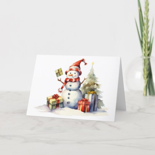Watercolor Christmas Snowman With Gifts Holiday Card