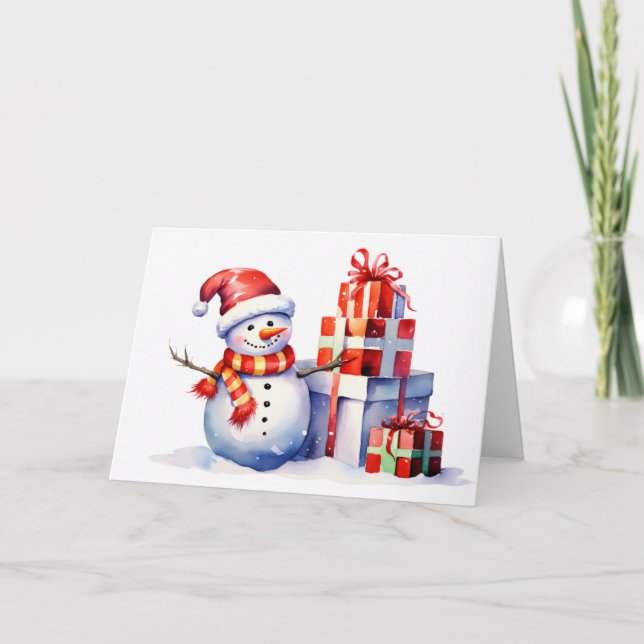 Watercolor Christmas Snowman With Gifts Holiday Card (Front)