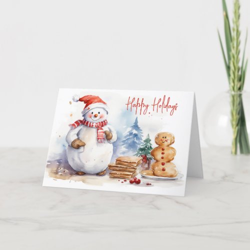 Watercolor Christmas Snowman With Gingerbread Man Holiday Card