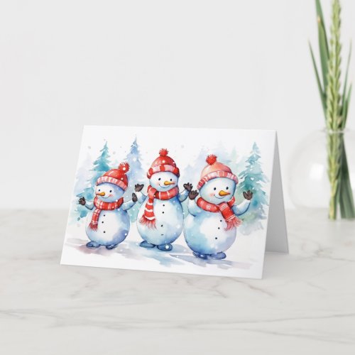 Watercolor Christmas Snowmen Holiday Card