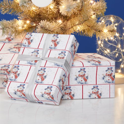 Watercolor Christmas Snowmen In Snowflakes Wrapping Paper