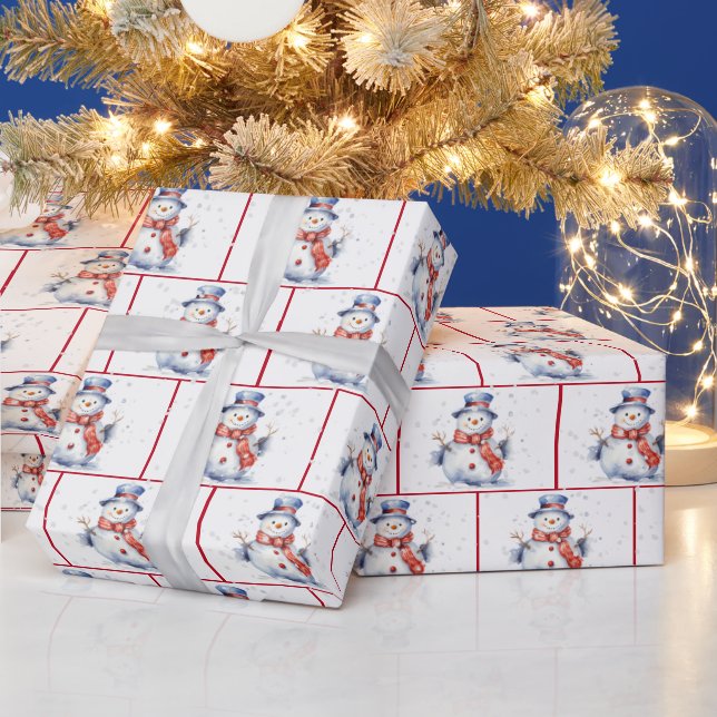 Watercolor Christmas Snowmen In Snowflakes Wrapping Paper (Holidays)