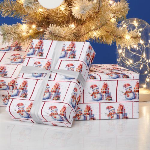 Watercolor Christmas Snowmen In Snowflakes Wrapping Paper