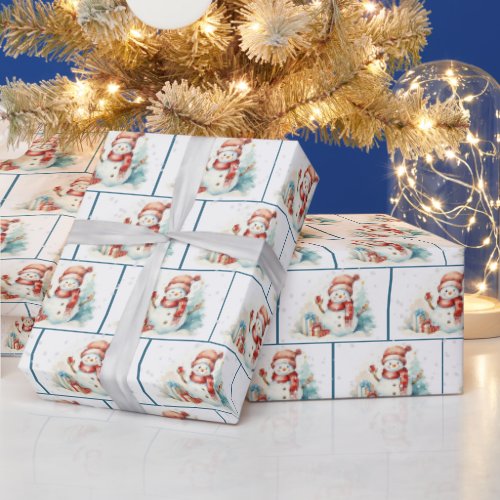 Watercolor Christmas Snowmen In Snowflakes Wrapping Paper