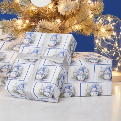 Watercolor Christmas Snowmen In Snowflakes Wrapping Paper