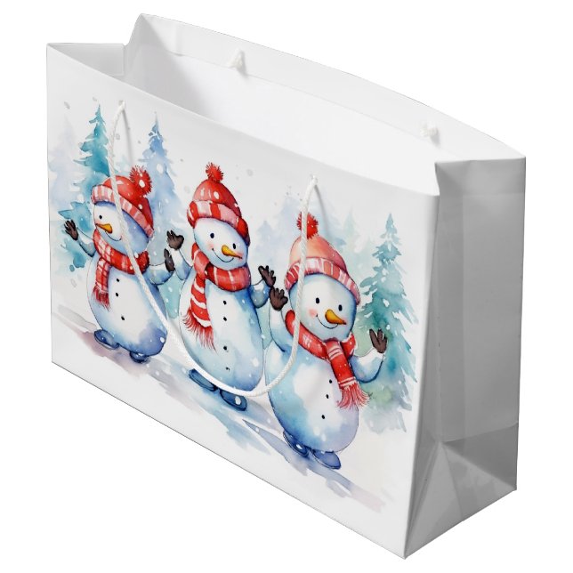 Watercolor Christmas Snowmen Large Gift Bag (Back Angled)