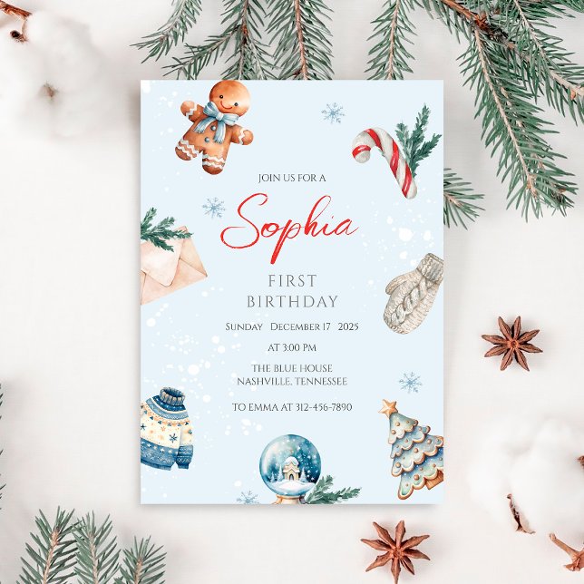 Watercolor Christmas Soft Winter First Birthday Invitation (Creator Uploaded)