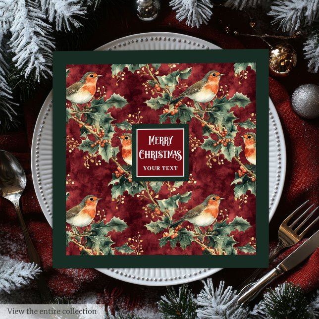 Watercolor Christmas sparrow cranberry red napkins (Watercolor Christmas sparrow cranberry red napkins)