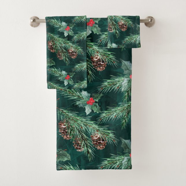 Watercolor Christmas spruce with cones  Bath Towel Set (Insitu)